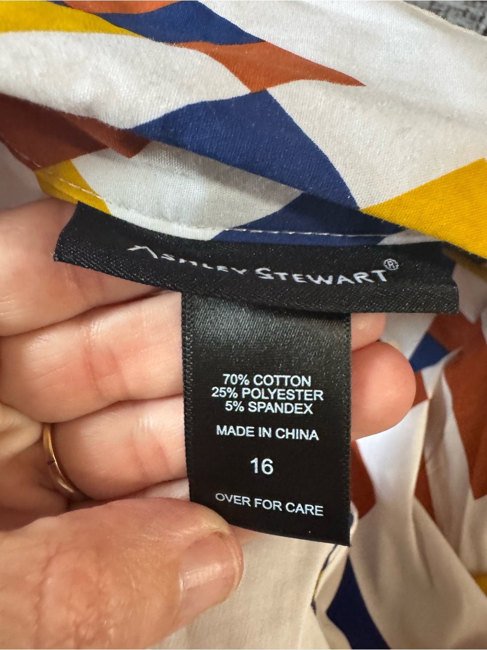 Ashley Stewart White Button-Down Shirt with Navy, Mustard & Rust Geometric Print - Picture 7 of 7